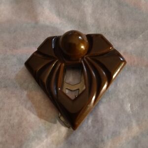Vintage Art Deco Carved Chocolate Brown Bakelite Dress Clip Geometric 1930s